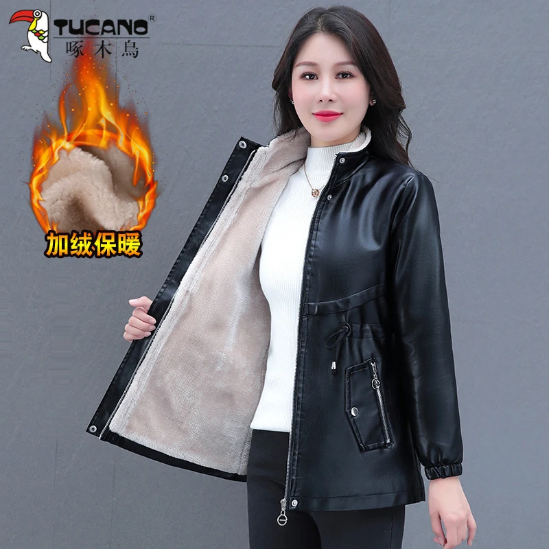 【啄木鳥官方品牌】加绒加厚皮衣外套女中长款2024冬新款pu皮外套