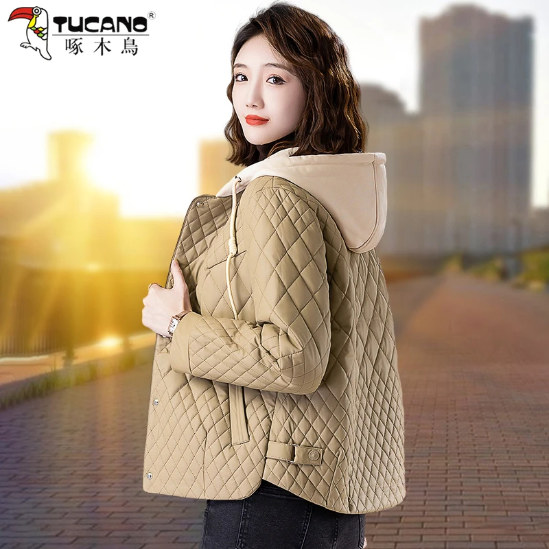 【官方品牌】啄木鳥显瘦女款冬季2024休闲时尚棉衣撞色连帽pu皮外套