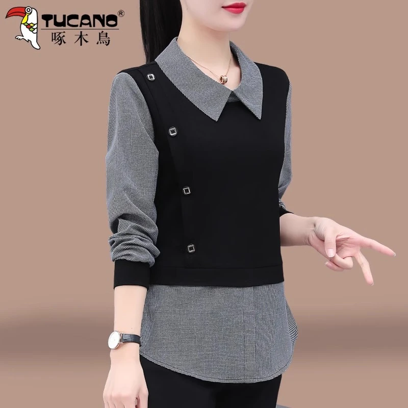 【官方品牌】啄木鳥显瘦大码长袖女春秋2025年洋气时尚中长款上衣