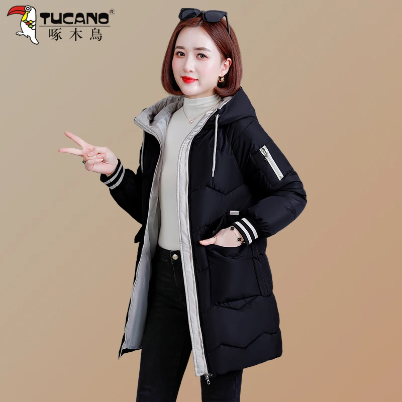 【官方品牌】啄木鳥中长款棉衣女冬季2024新款中年棉服加厚保暖外套