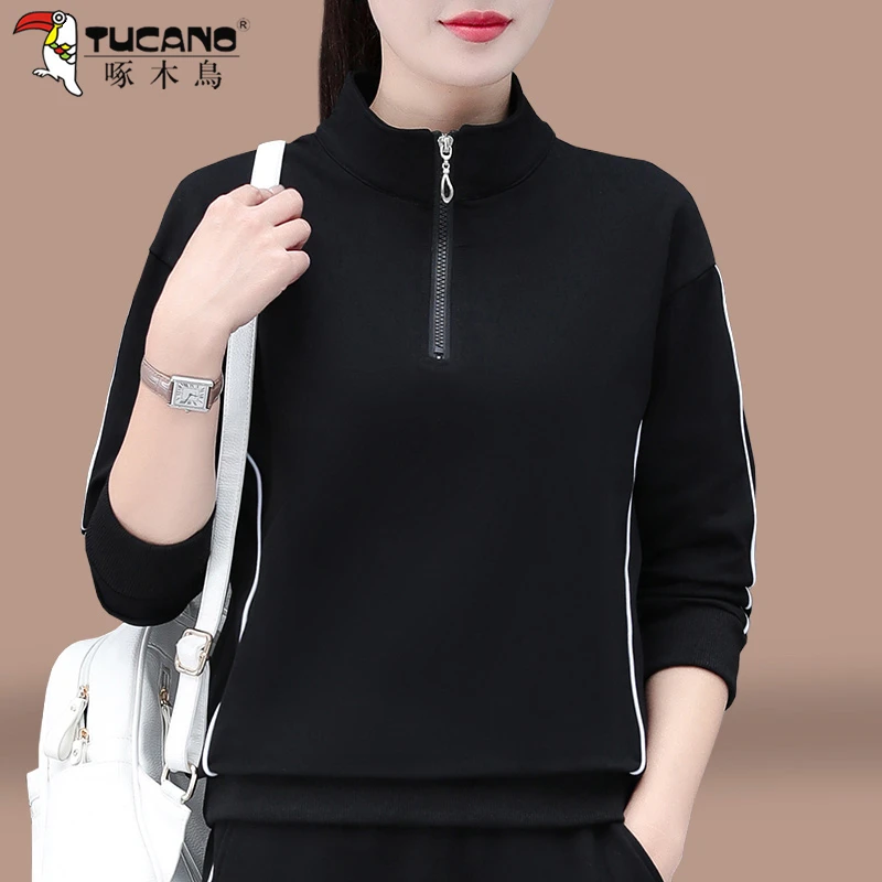 【官方品牌】啄木鳥半拉链秋季女长袖2025新款宽松妈妈时尚减龄上衣