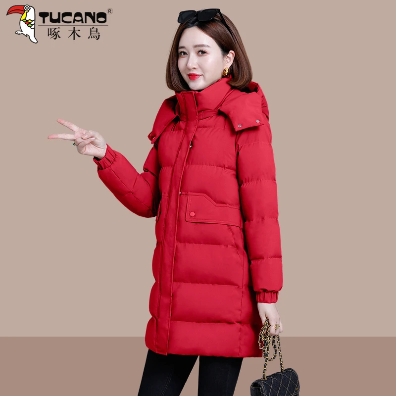 【官方品牌】啄木鳥中长款棉服女过膝2024新款时尚加厚保暖棉衣外套