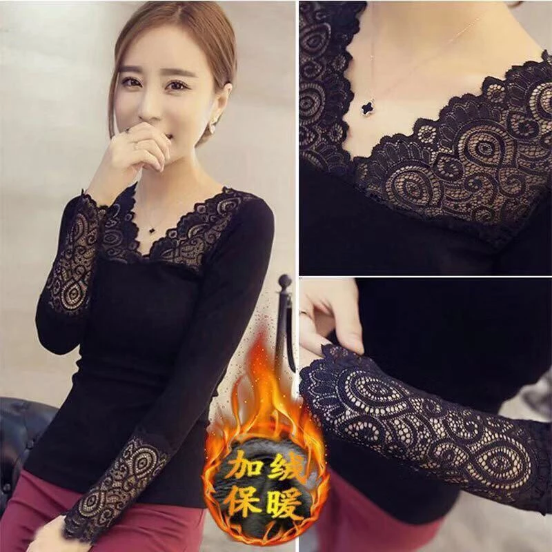 2024秋冬韩版大码上衣修身蕾丝领内搭长袖恤打底衫女性感春秋装潮
