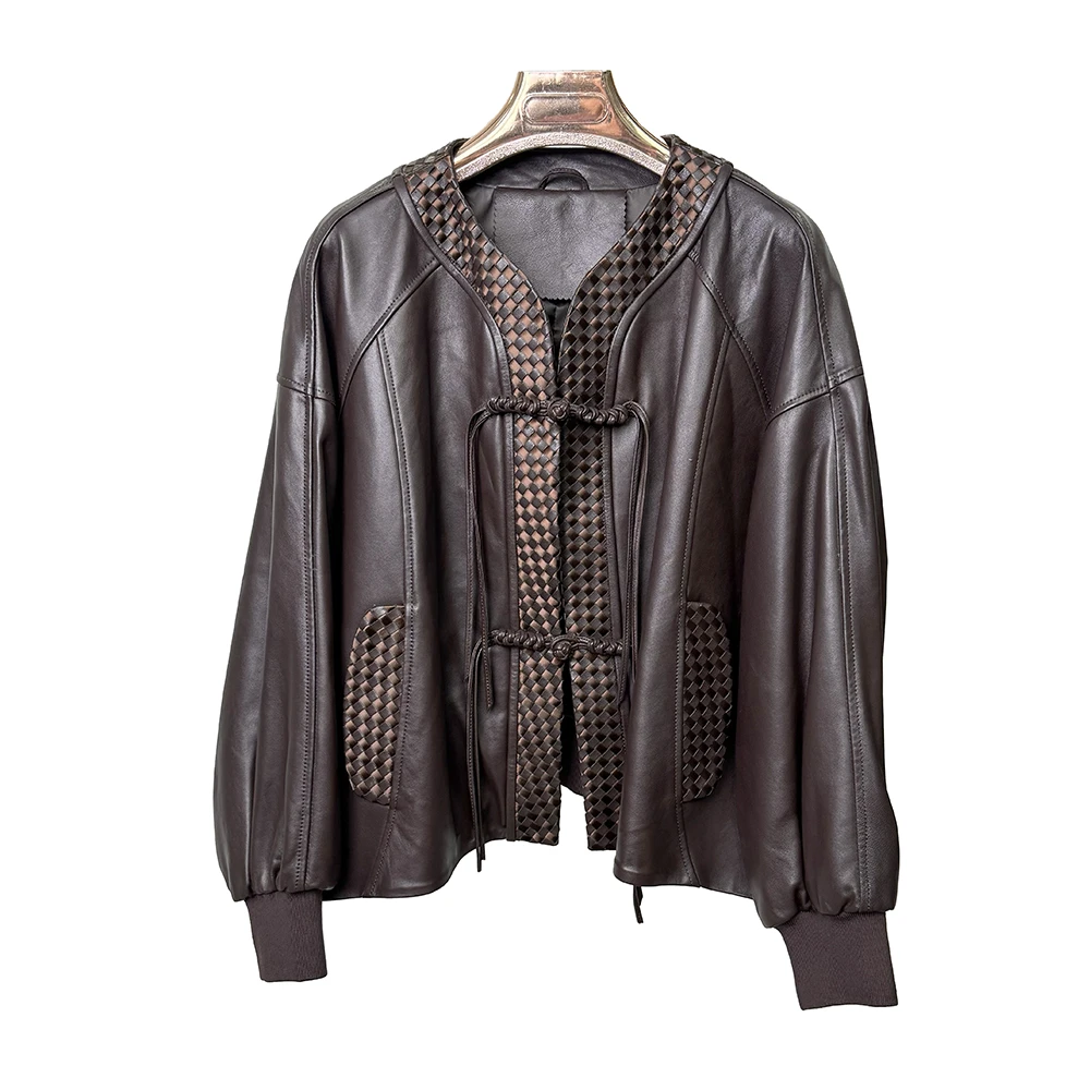 【2436】皮衣夹克秋冬女士短款外套真皮绵羊皮重工时尚休闲复古拼接
