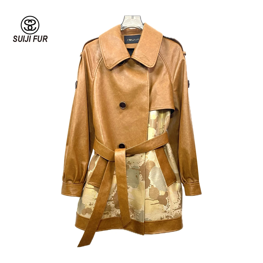 SUIJI/随机中长款时尚设计师系带女士皮衣外套风衣绵羊皮DP39501