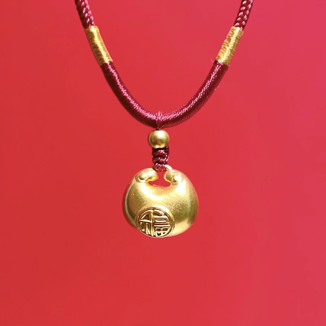 足金999黄金【大胖福】锁包酒红色颈绳纯手工编织精美国风