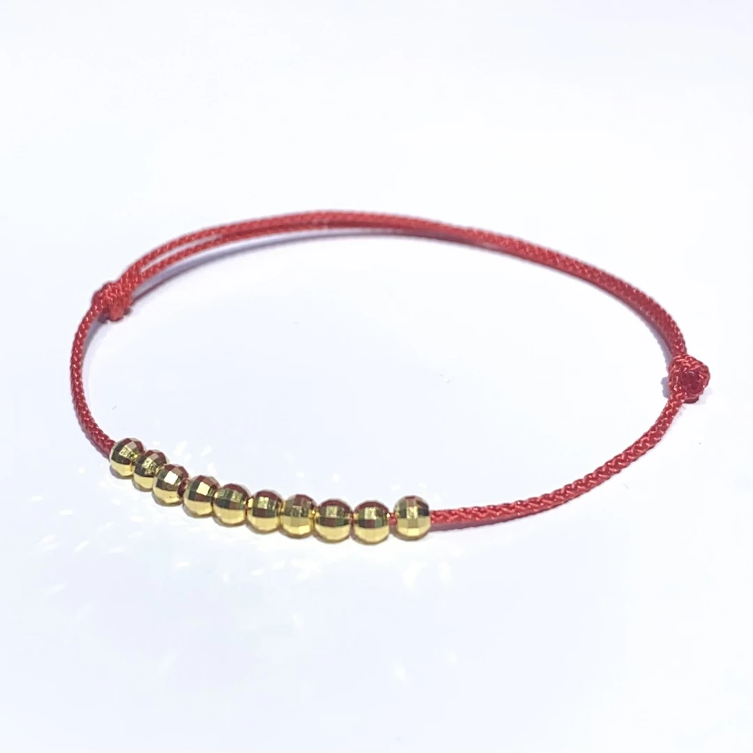 足金999黄金【十全十美】2.6mm镭射珠金珠红绳手链手工编手绳