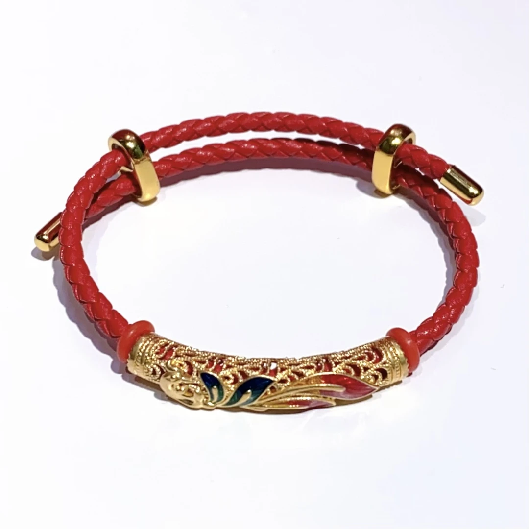 18K黄金【凤求凰】花丝镂空有凤来仪弯管红色皮绳手绳手链配项圈