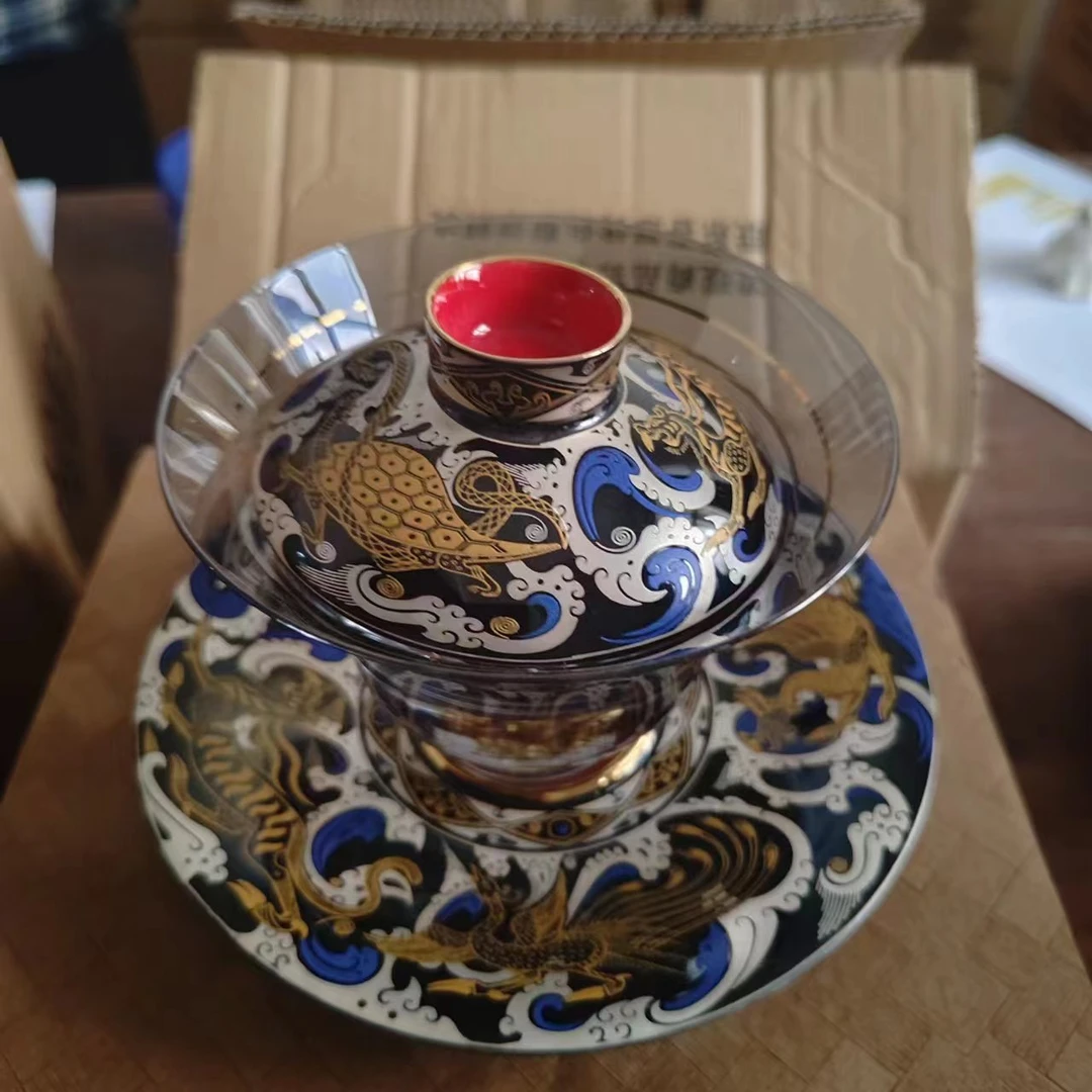 水晶玻璃饕餮纹三才盖碗j376