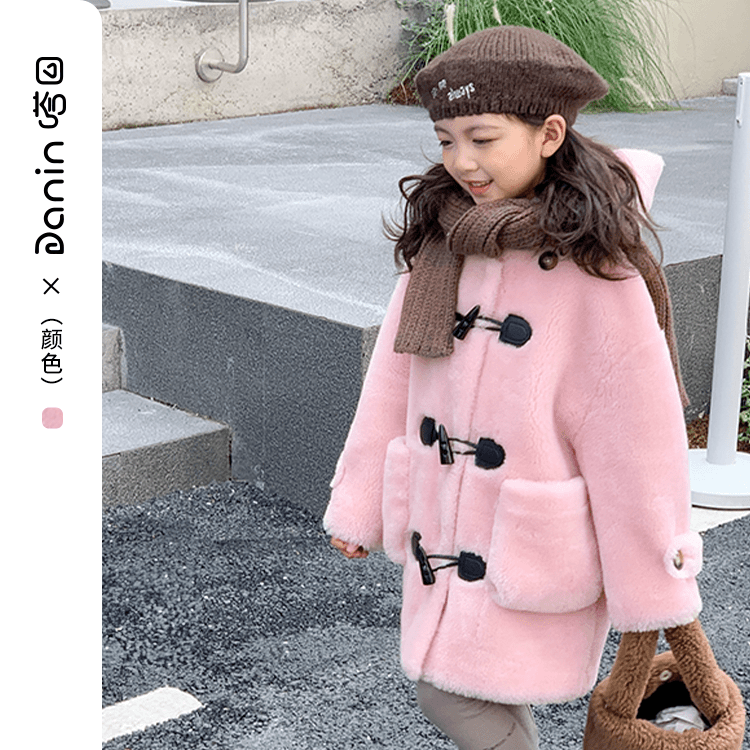 【嗒囜】中大童牛角扣毛毛外套童装洋气小香风连帽儿童保暖羊毛大衣