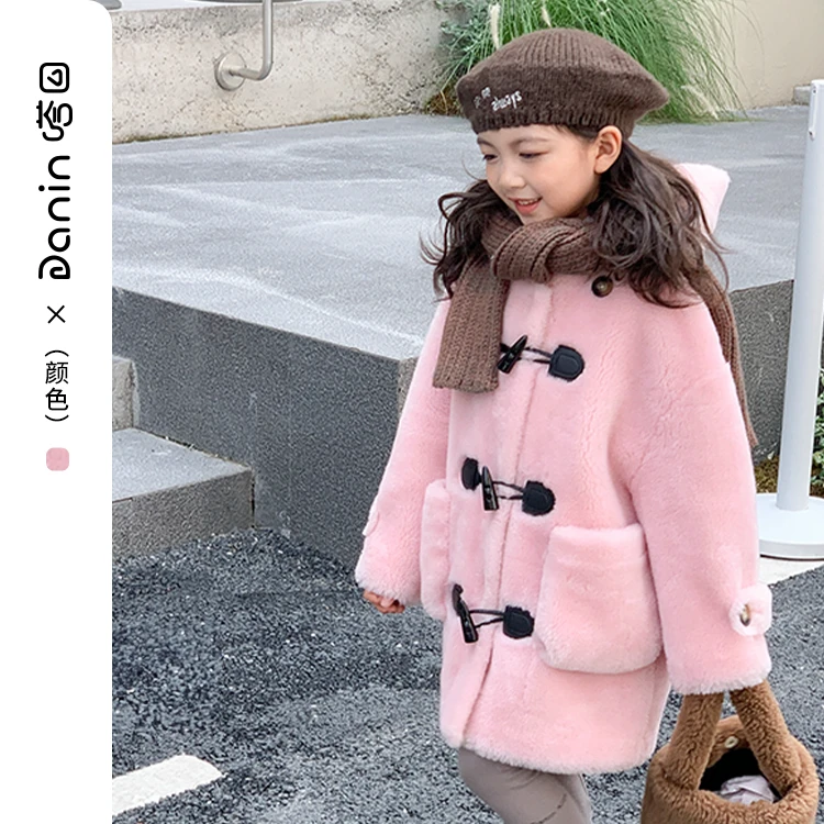 【嗒囜】中大童牛角扣毛毛外套童装洋气小香风连帽儿童保暖羊毛大衣