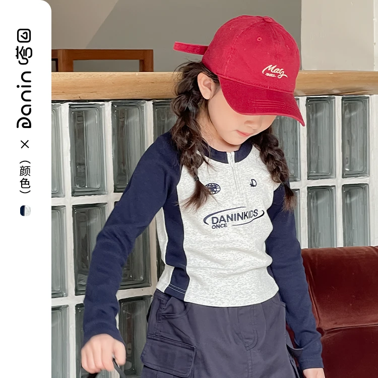 【嗒囜】儿童春秋季新款百搭印花时尚洋气T恤女童拼接撞色修身上衣