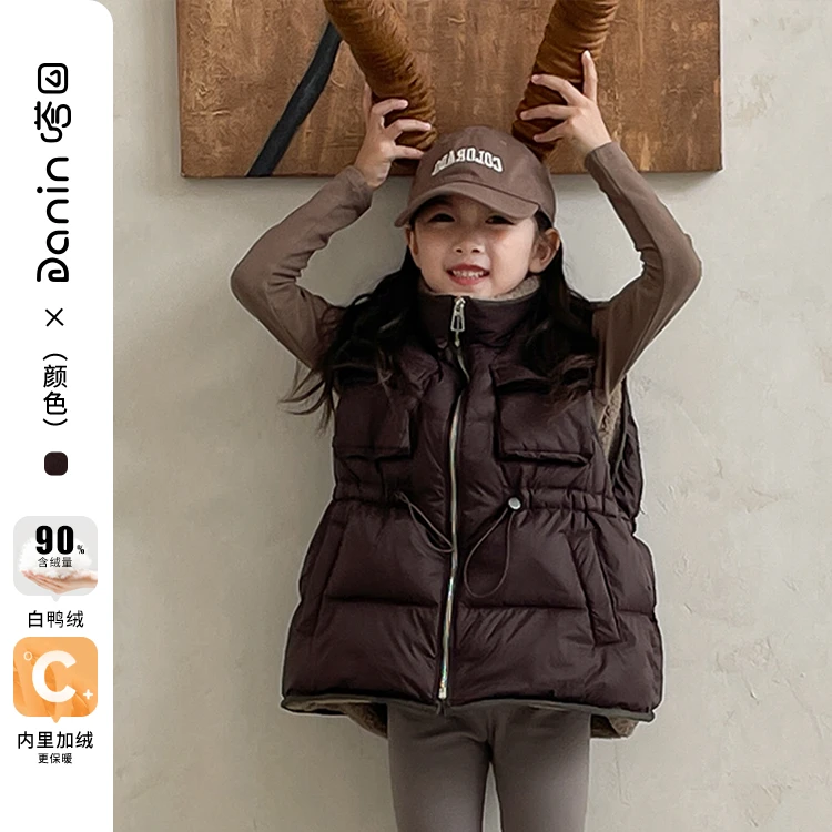 【嗒囜】女童设计款羽绒马甲加绒儿童时尚百搭工装风抽绳羽绒服马夹