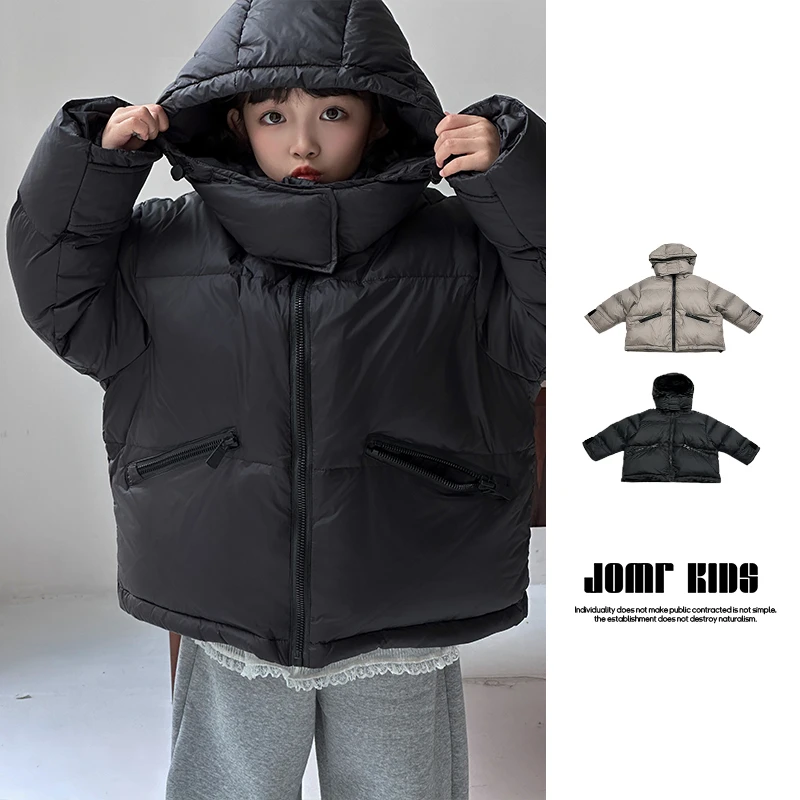 女童冬季保暖连帽短款时尚羽绒服中小童百搭休闲宽松羽绒加厚外套