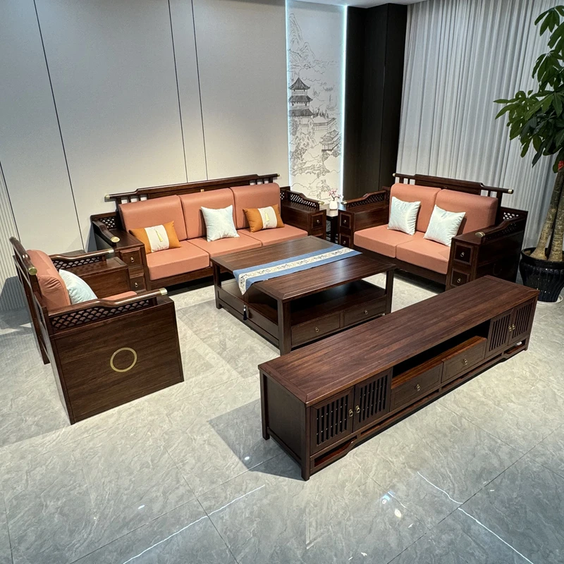 新中式乌金木沙发组合两用储物实木家具家用禅意别墅高箱