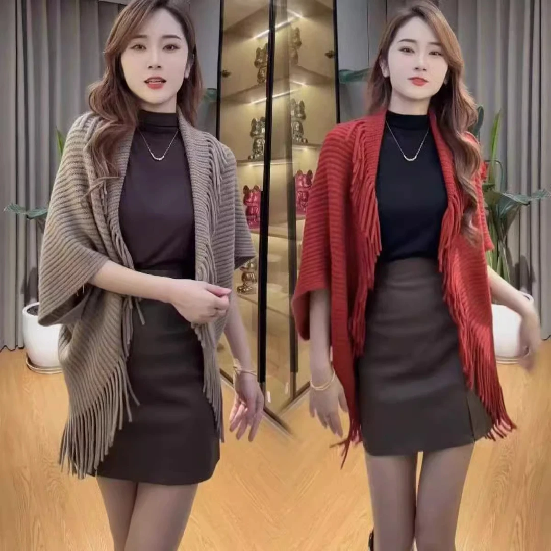 年年20254年秋季新款流苏针织时尚披肩慵懒感开衫气质外搭