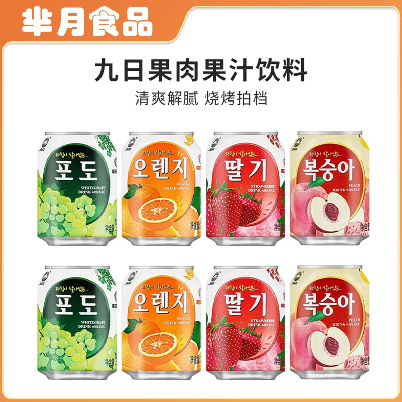 九日韩国进口果肉果汁饮料葡萄草莓桃子橙子味238ml组合
