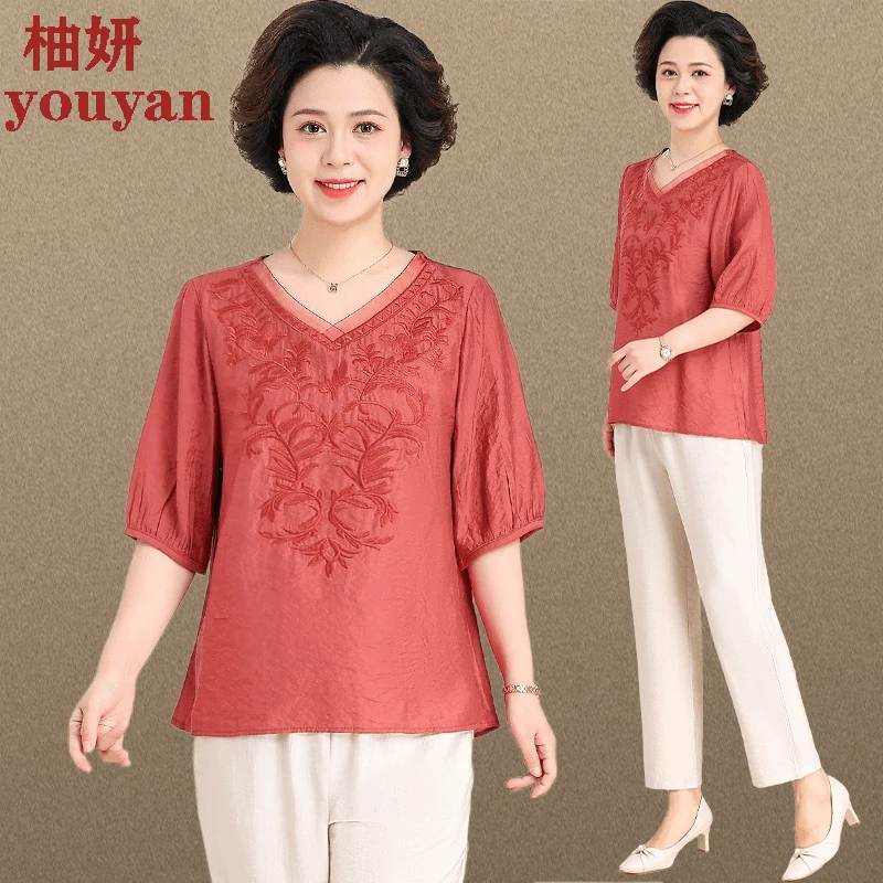中年妈妈夏装短袖T恤洋气套装中老年女士夏季半袖上衣服时尚印花