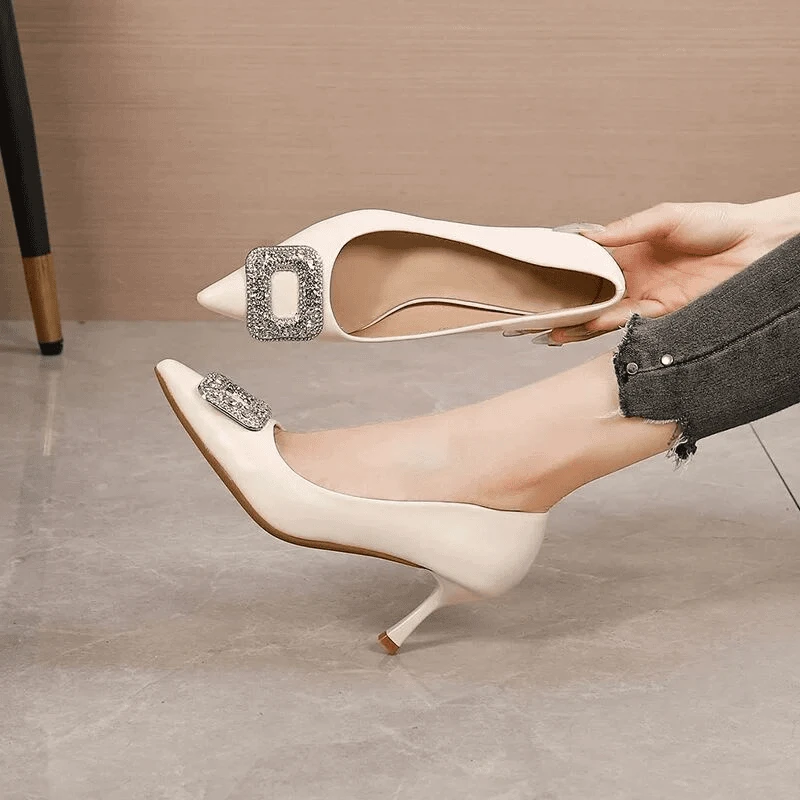 法式气质黑色高跟鞋女细跟尖头浅口性感水钻方扣职业工作鞋女通勤