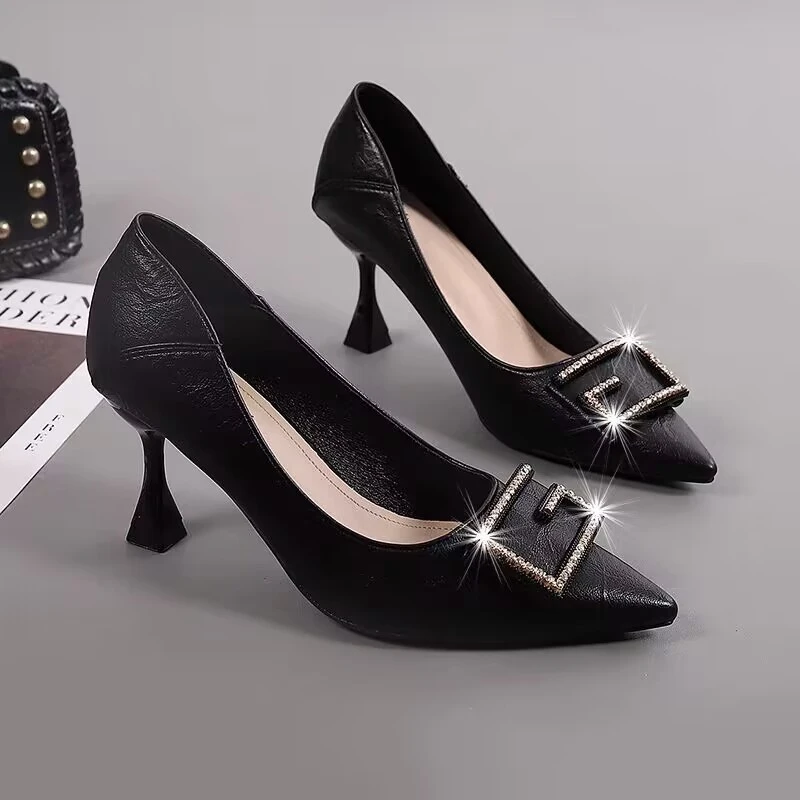 网红高跟鞋春秋新款法式少女百搭职业黑色工作鞋高跟鞋细跟女士