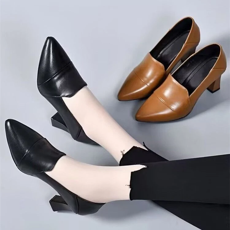 浅口工作鞋女尖头高跟2025年秋新款软皮粗跟皮鞋四季单鞋时尚气质