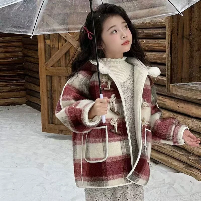 412099《现》优选韩版休闲舒适秋冬季毛妮格子加绒外套