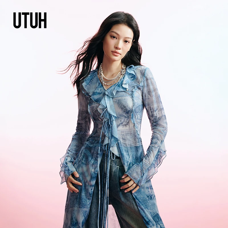 【Chill】UTUH不规则分割✖牛仔印时髦花荷叶边系带开衫TUWFA1N176