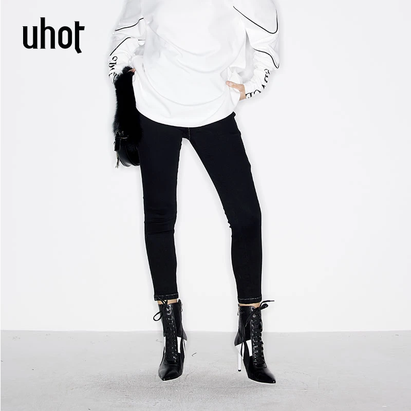 uhot 黑色小脚复古撞色压线设计复古休闲牛仔裤 UWSA2K088