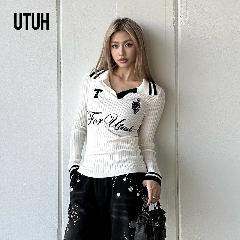 UTUH 纯色V领显瘦针织上衣休闲美式2024冬季新款 TUWFW3Z341