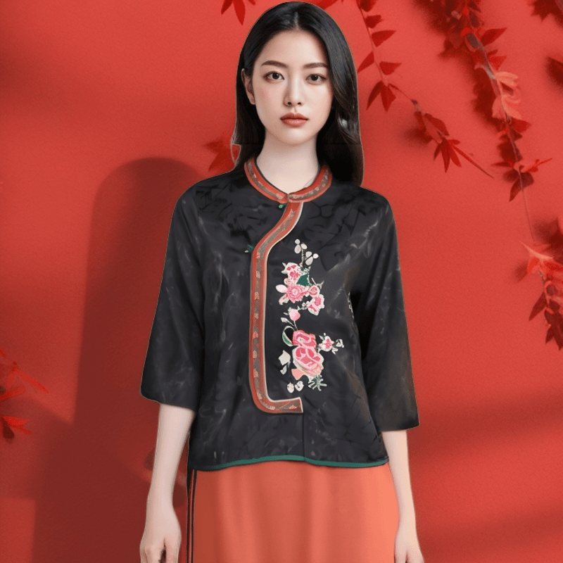 新中式国风精致显瘦刺绣复古气质短袖小衫提花斜襟上衣重工刺绣