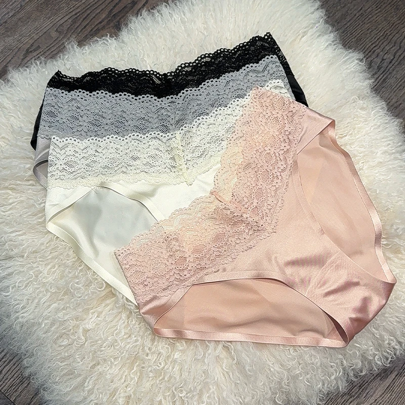 DIMDEVL/汀黛法式蕾丝舒适性感缎面纯色女士中腰无痕内裤面膜裤