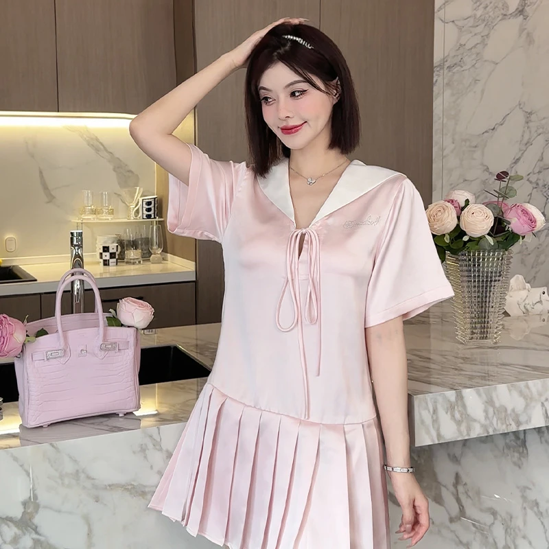 DIMDEVL/汀黛Q粉色周末缎面夏季甜美短款百褶裙家居睡裙可外穿