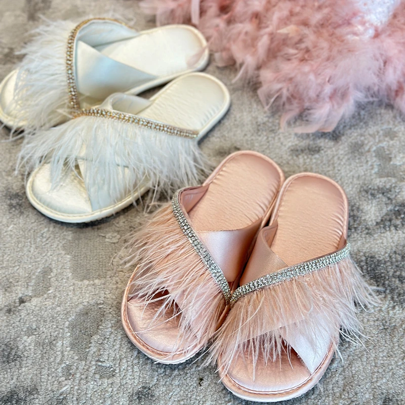 DIMDEVL/汀黛夏季时尚软底百搭粉色白色鸵鸟毛拖鞋