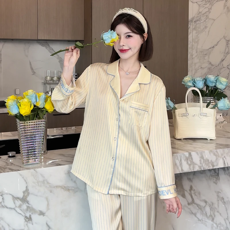 DIMDEVL/汀黛奶油日记黄色柔光缎面长袖长裤夏秋女士家居服睡衣套