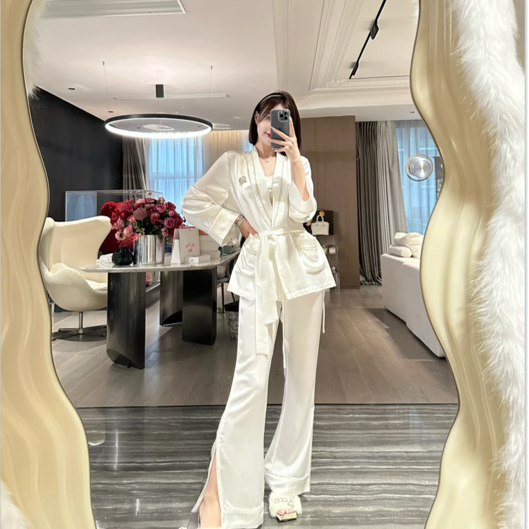 DIMDEVL/汀黛气质名媛优雅女神钻链重工醋酸腰带睡袍轻奢长裤套装