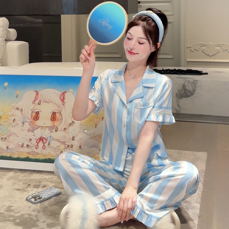 DIMDEVL/汀黛蓝色爱情海短袖睡衣女套装薄款夏季条纹印花烫钻睡衣