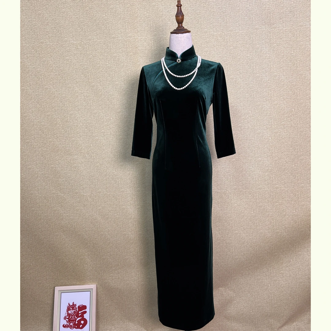 褀玉[婉仪]中国风丝绒旗袍气质显瘦时尚复古秋冬优雅日常款旗袍