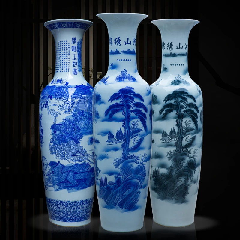 景德镇青花山水瓷锦绣山河落地大花瓶家居客厅酒店中式风摆件饰品