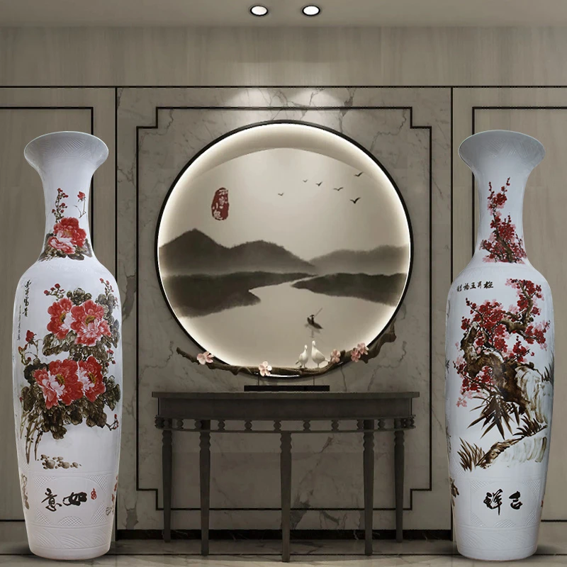 景德镇陶瓷器手绘雕刻富贵迎春落地大花瓶家居酒店现代现代装饰品