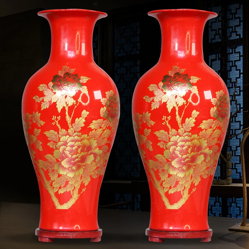 景德镇陶瓷摆件瓷器红色金牡丹插花花瓶新中式风家居酒柜玄关装饰