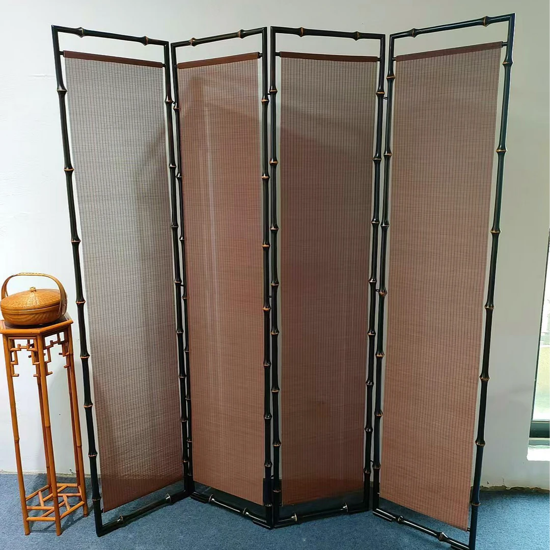 古典筇竹细丝屏风茶室空间中式隔断玄关折叠可移动半透折屏竹编