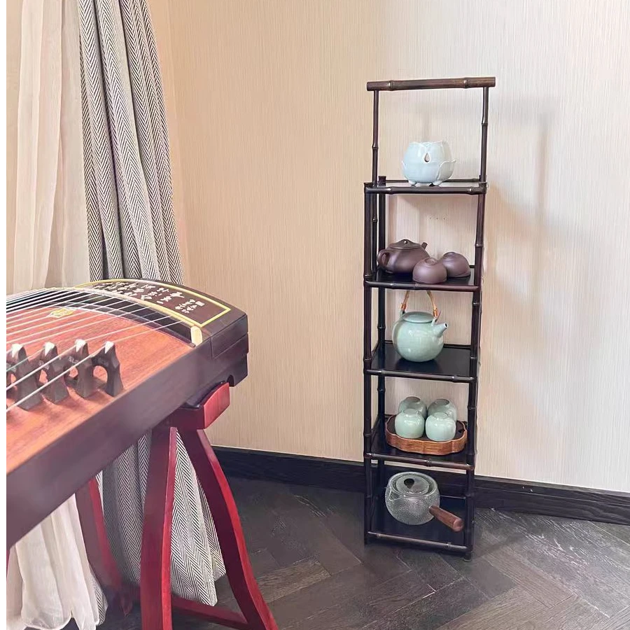 明式手提紫竹竹编茶棚新中式空间家具茶具置物架小茶柜博古架