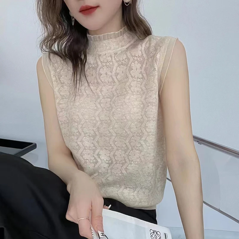 春秋新款无袖针织衫女蕾丝花边上衣套头薄款打底背心时尚镂空柔软