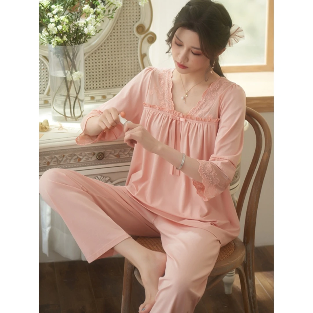 印花睡衣女秋季长袖2024年新款春秋女款套头中年妈妈家居服套装