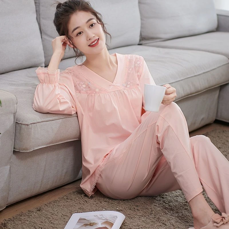 高级感睡衣女春秋莫代尔长袖优雅家居服刺绣大码家居服套装