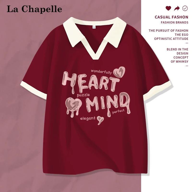 拉夏贝尔酒红色美式翻领短袖T恤女2024新款爆款正肩显瘦体恤上衣