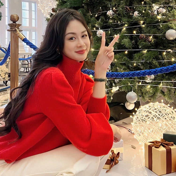【现货】美洋MEIYANG 压岁红毛衣本命新年半高领灯笼袖针织衫