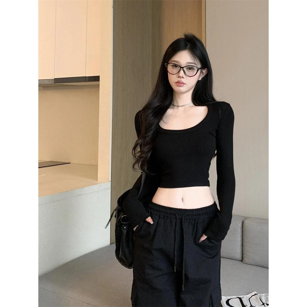 辣妹短款T恤女性感露脐修身弹力纯色短款长袖U领上衣