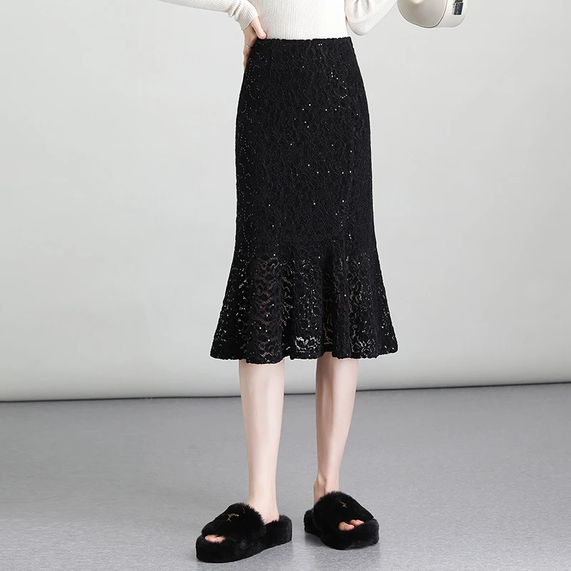 2024秋季新款蕾丝鱼尾裙女修身气质包臀半身裙中长款通勤一步裙