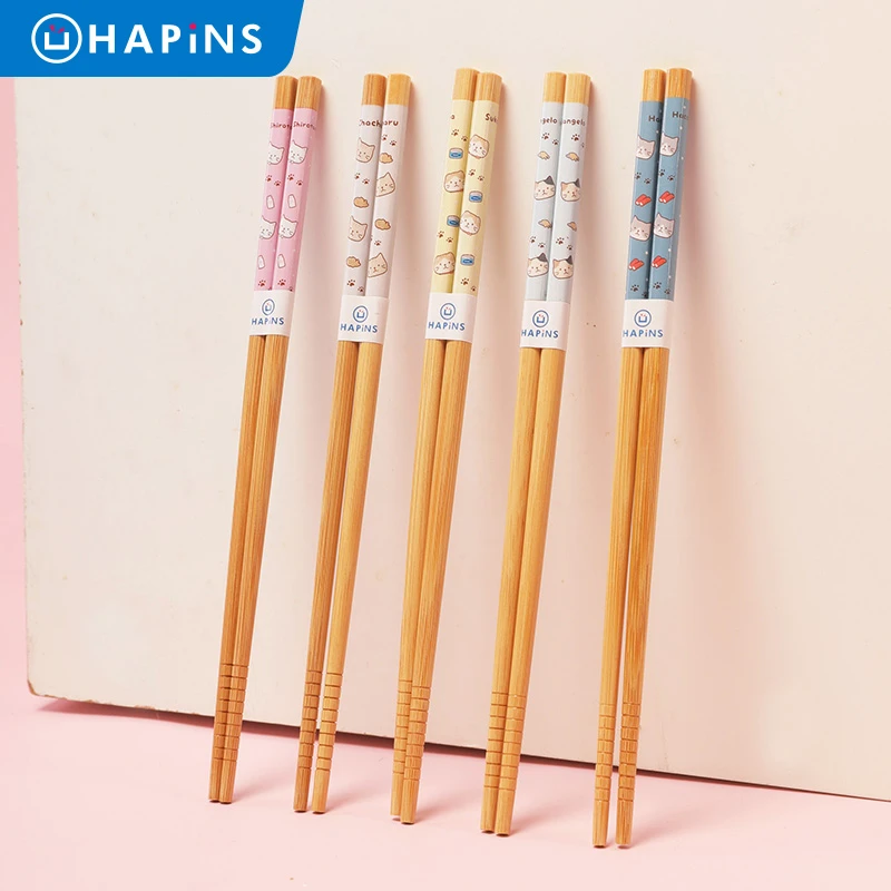 【推荐】日本HAPiNS可爱猫咪天然竹筷5双装家用加长加粗无漆24厘米